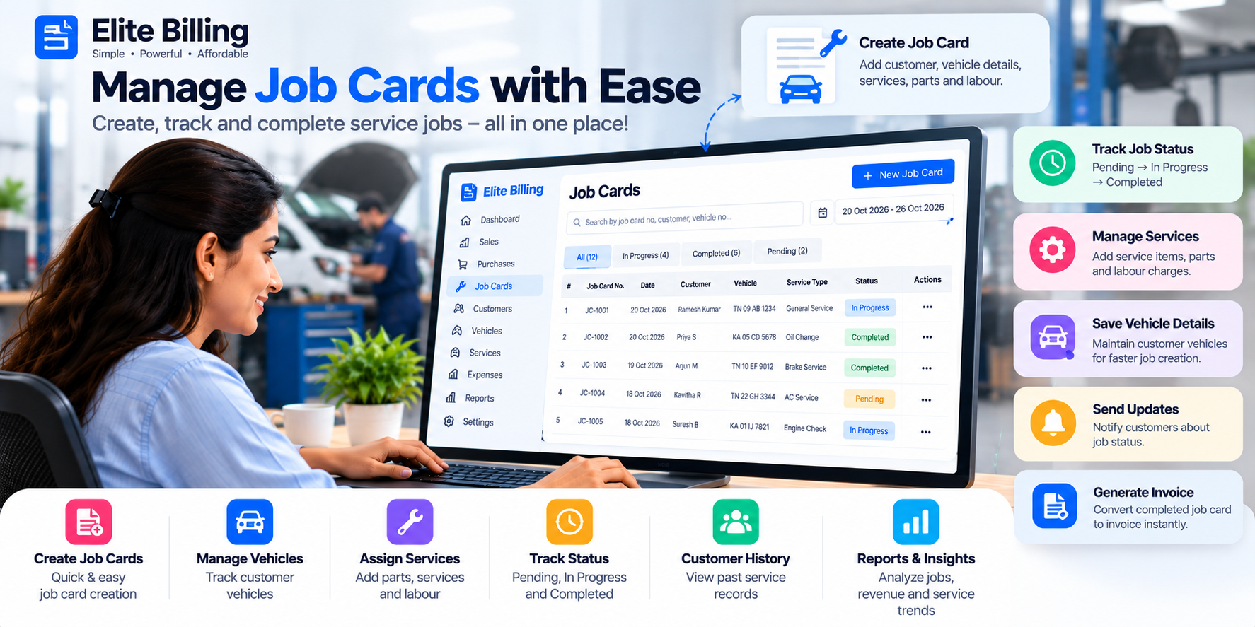 Elite Billing job card dashboard for repair and service businesses